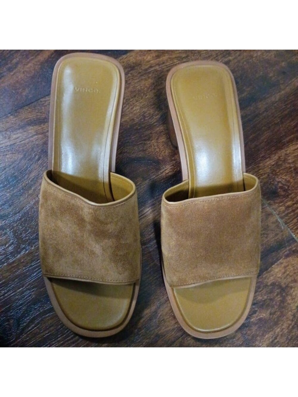 Vince Heeled Sandals Suede Mules Size 11 Tan Block Heel Slip-On Pre-Owned - Picture 7 of 9